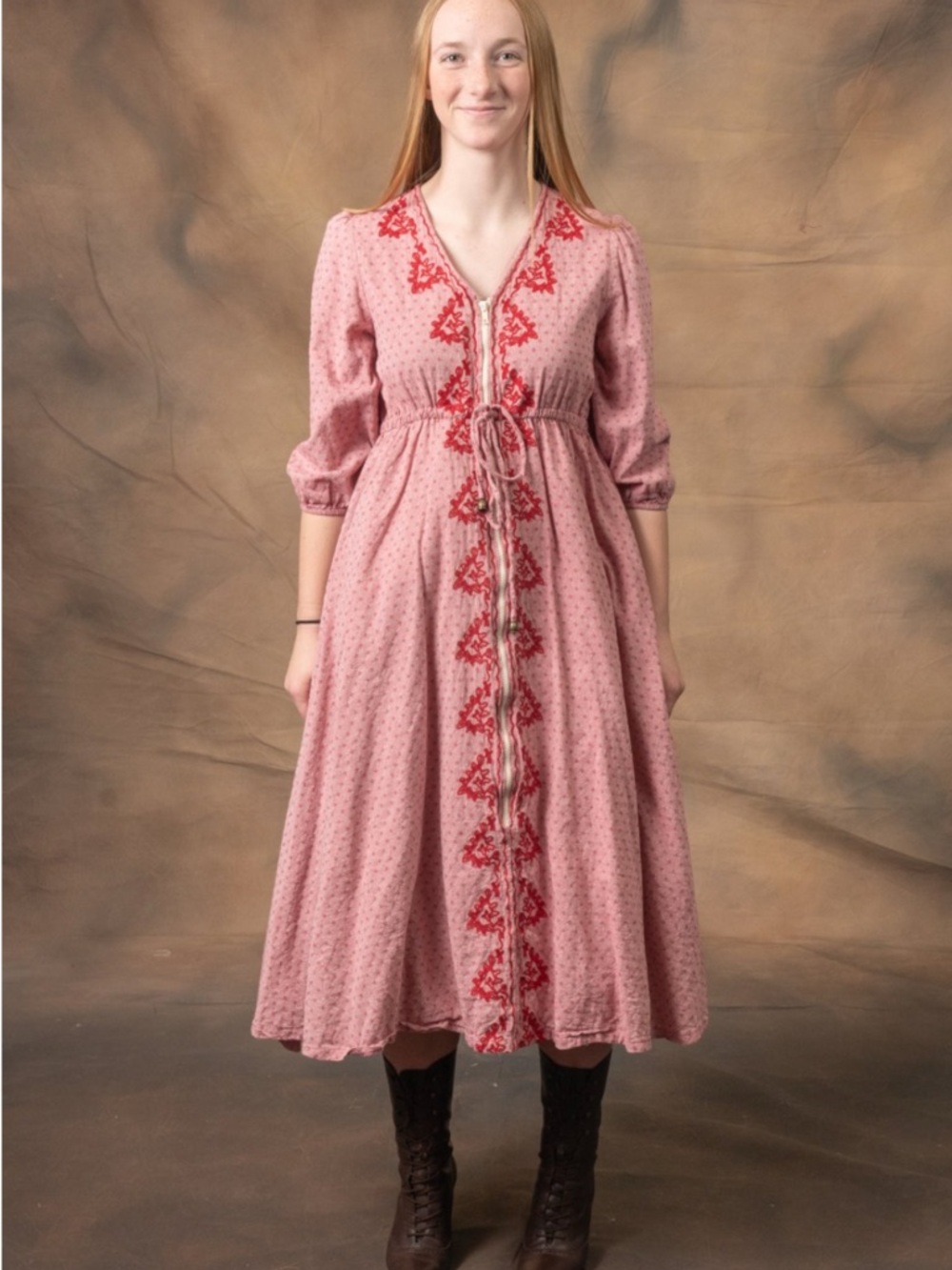 Prairie Dress Pink Embroidered Maxi Dress with Red Trim. Costume. Women’s Medium - Picture 7 of 10